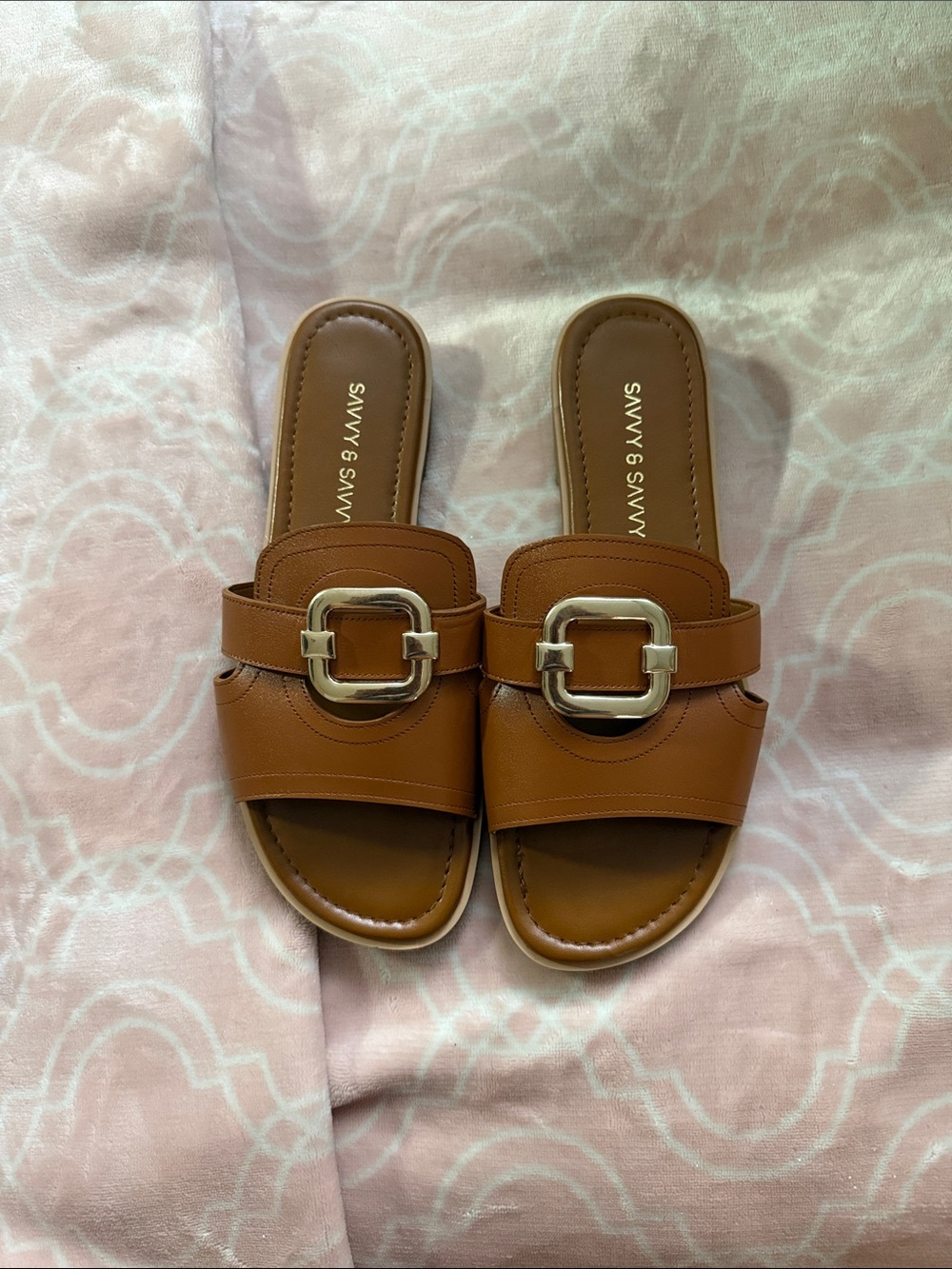 Savvy Brown Slide Sandals with Silver Buckle